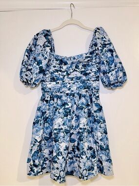 Abercrombie & Fitch Emerson Poplin Smocked Puff Sleeve Dress Blue Floral Size S